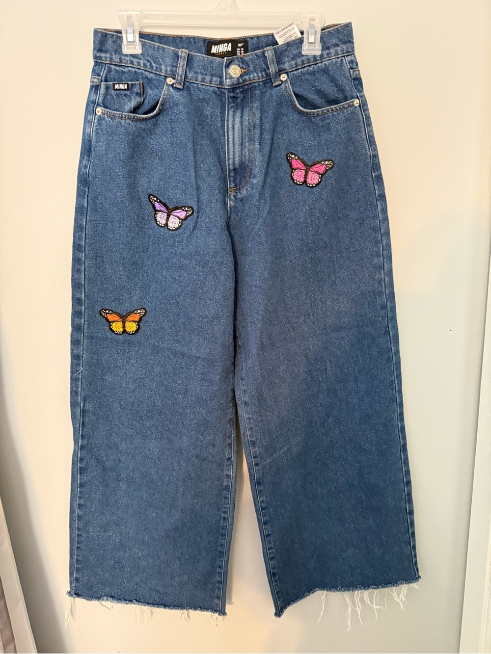 Minga butterfly patch wide leg 100% cotton denim jeans size 30
